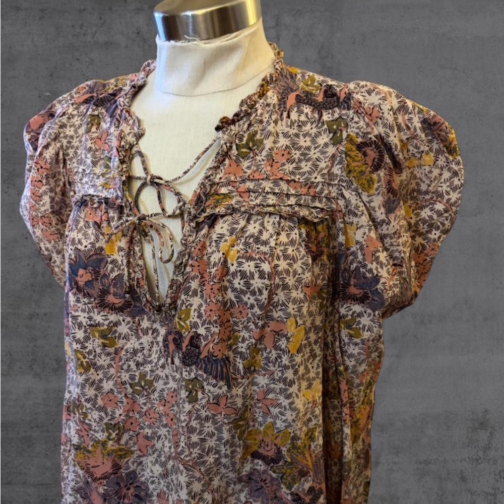 Ulla Johnson Remy Floral Puff Sleeve Open V Neck Tie Front Blouse Size 10 - Picture 3 of 8